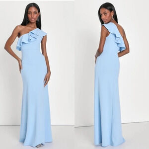 Lulus Last Forever Powder Blue One-Shoulder Ruffle Maxi Dress Wedding Party Prom